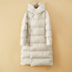 White long down puffer parka with hood, quilted channels, zip-front coat on hanger