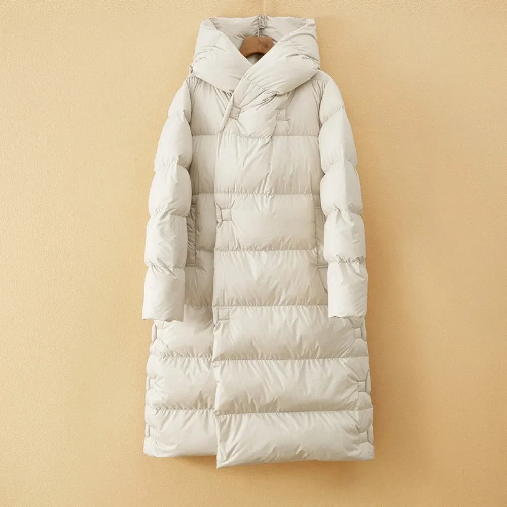 White long down puffer parka with hood, quilted channels, zip-front coat on hanger