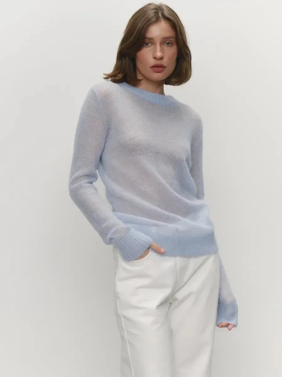 Light blue crewneck knit sweater with long sleeves and ribbed cuffs