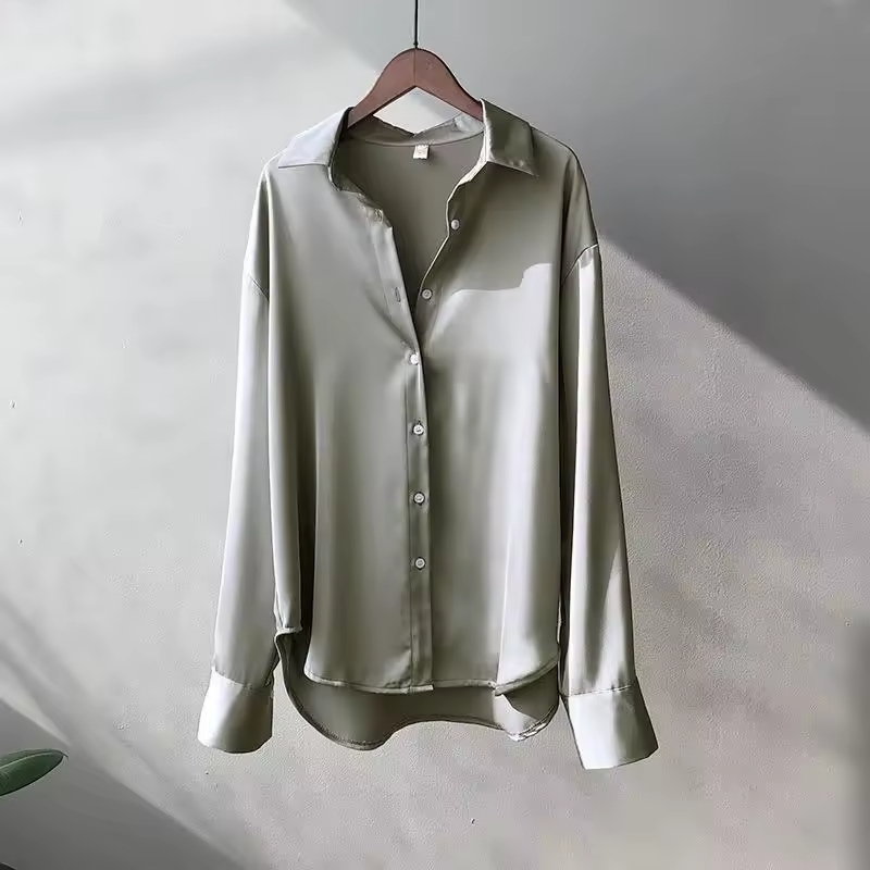 Women's satin silk blouse, long-sleeve button-up with pointed collar, olive green