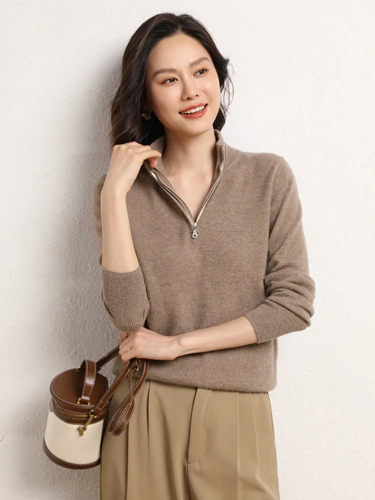 Women's half-zip mock neck knit sweater, dark taupe with half-zip and mock neck