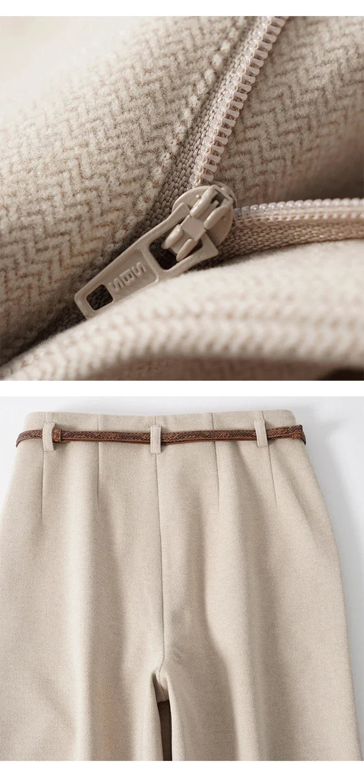 Light beige herringbone trousers with zip fly and belt loops at waistband