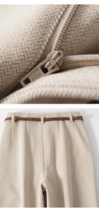 Light beige herringbone trousers with zip fly and belt loops at waistband