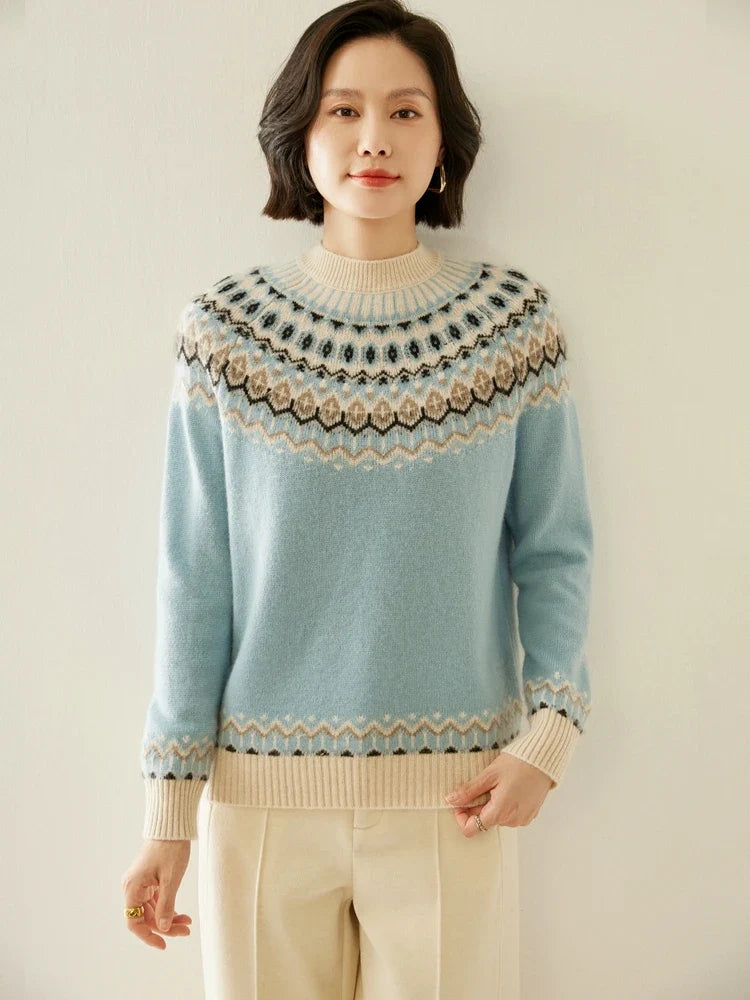 Light blue Fair Isle mock neck sweater with long sleeves and ribbed cuffs and hem.