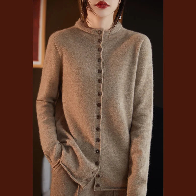 Women’s merino wool button cardigan, camel beige with button front and long sleeves