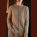 Women’s merino wool button cardigan, camel beige with button front and long sleeves