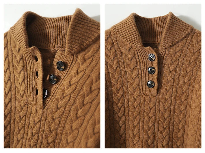 Camel brown cable-knit cashmere sweater neckline with three-button placket