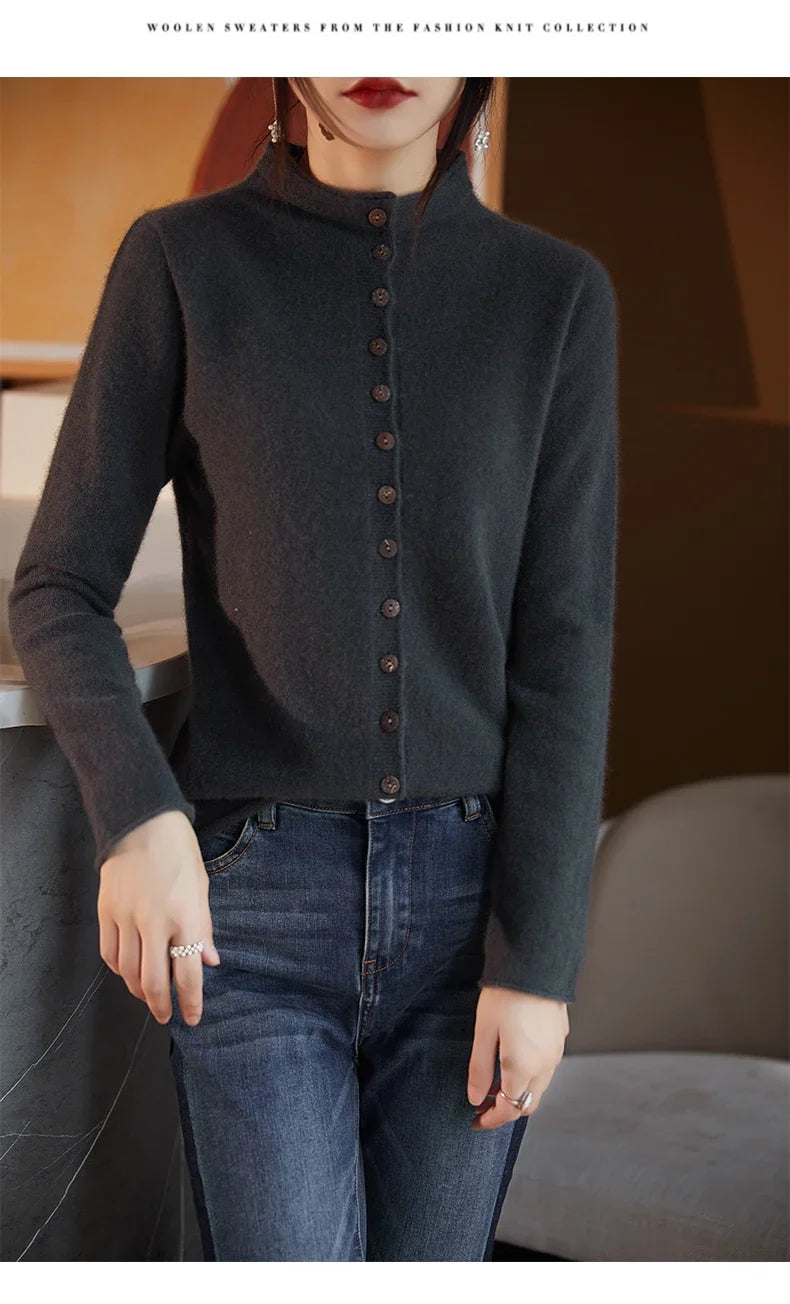Women’s merino wool button cardigan, dark gray, button-front design and high neckline.