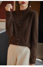Women’s merino wool button cardigan, dark brown, round neckline, long sleeves