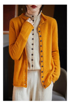 Women’s merino wool button cardigan, mustard yellow, long sleeves, button placket