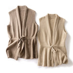 Two women’s merino wool belted sweater vests, beige and camel, V-neck and waist ties