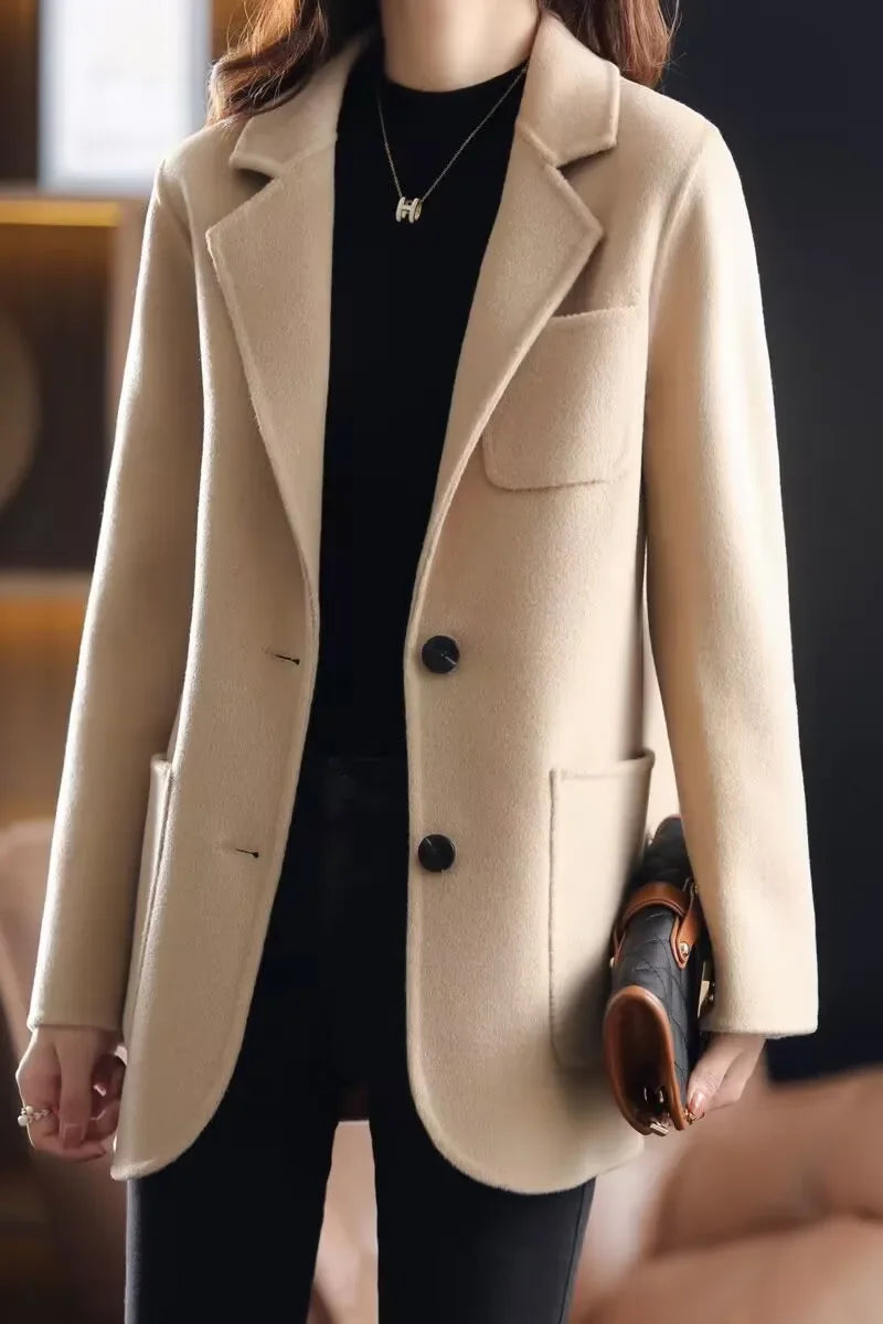 Ivory wool blazer, notched lapel, single-breasted button front, flap chest pocket