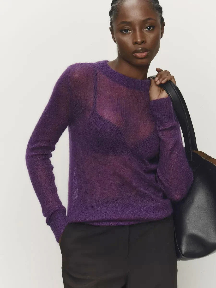 Purple lightweight crewneck knit sweater with long sleeves and ribbed cuffs