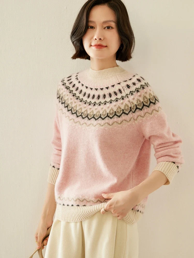 Women’s mock neck Fair Isle knit sweater, dusty pink with cream and dark zigzag yoke