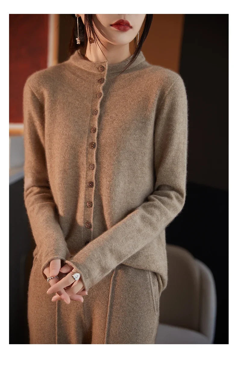 Women's merino wool button cardigan, heather tan fuzzy knit, button-front and long sleeves