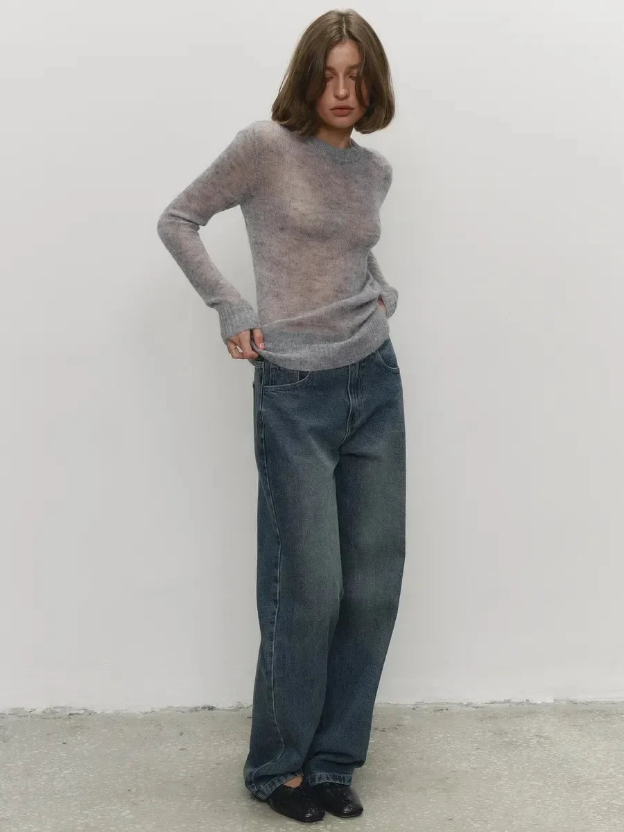 Heather grey crewneck knit sweater, long sleeves with ribbed cuffs