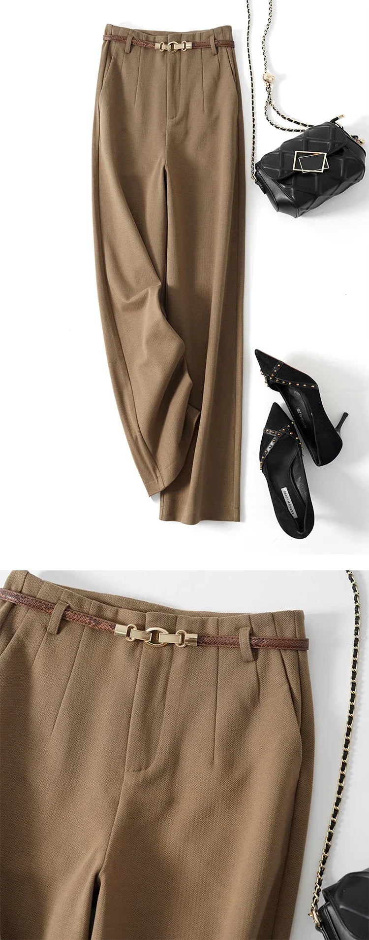 Camel/tan high-waisted wide-leg trousers with belt hardware and pleated front