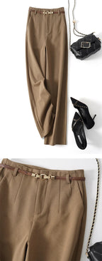 Camel/tan high-waisted wide-leg trousers with belt hardware and pleated front