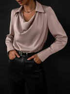 100% silk full-sleeve shirt in taupe, collared with draped V neckline and long sleeves