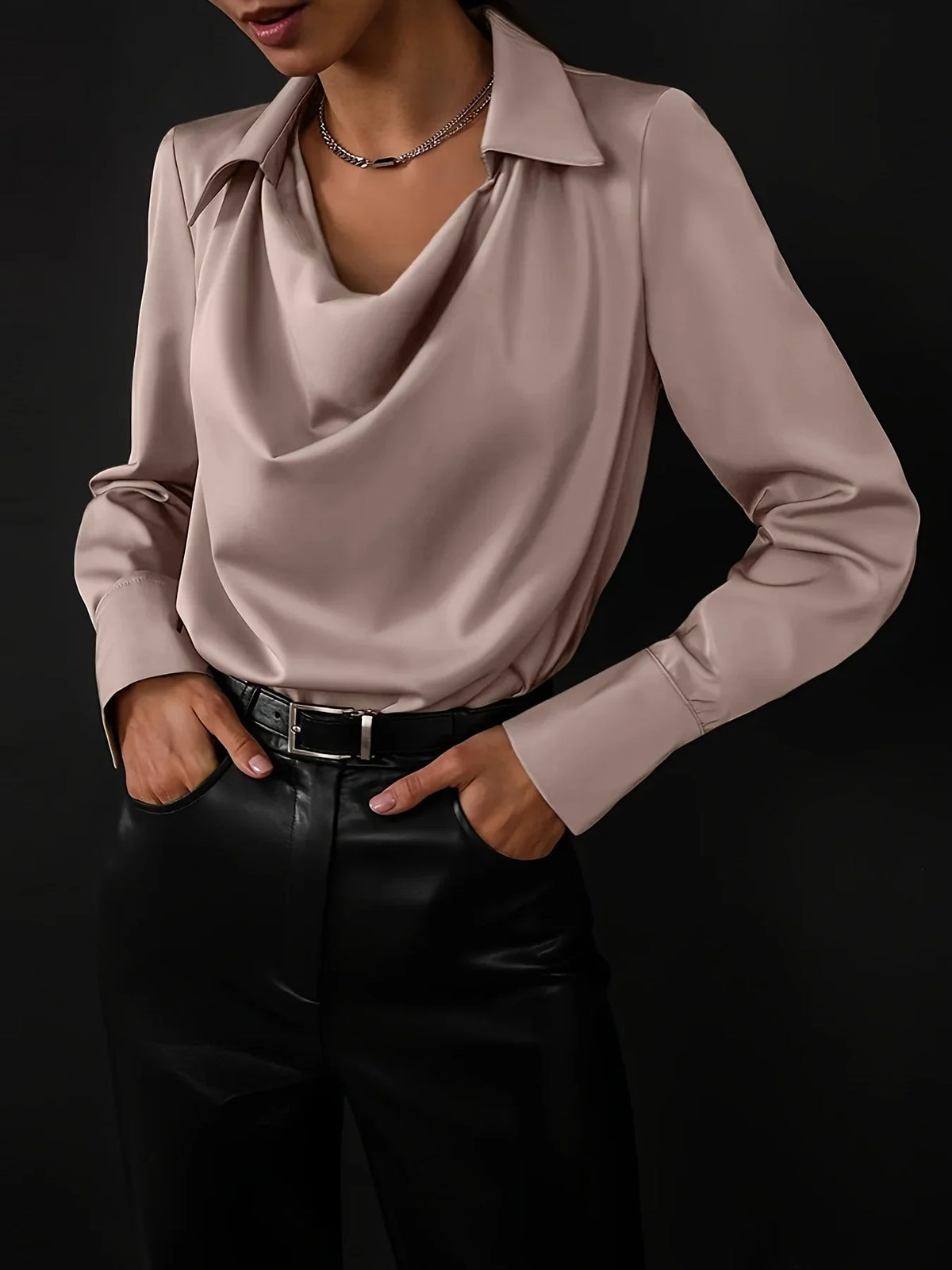 100% silk full-sleeve shirt in taupe, collared with draped V neckline and long sleeves