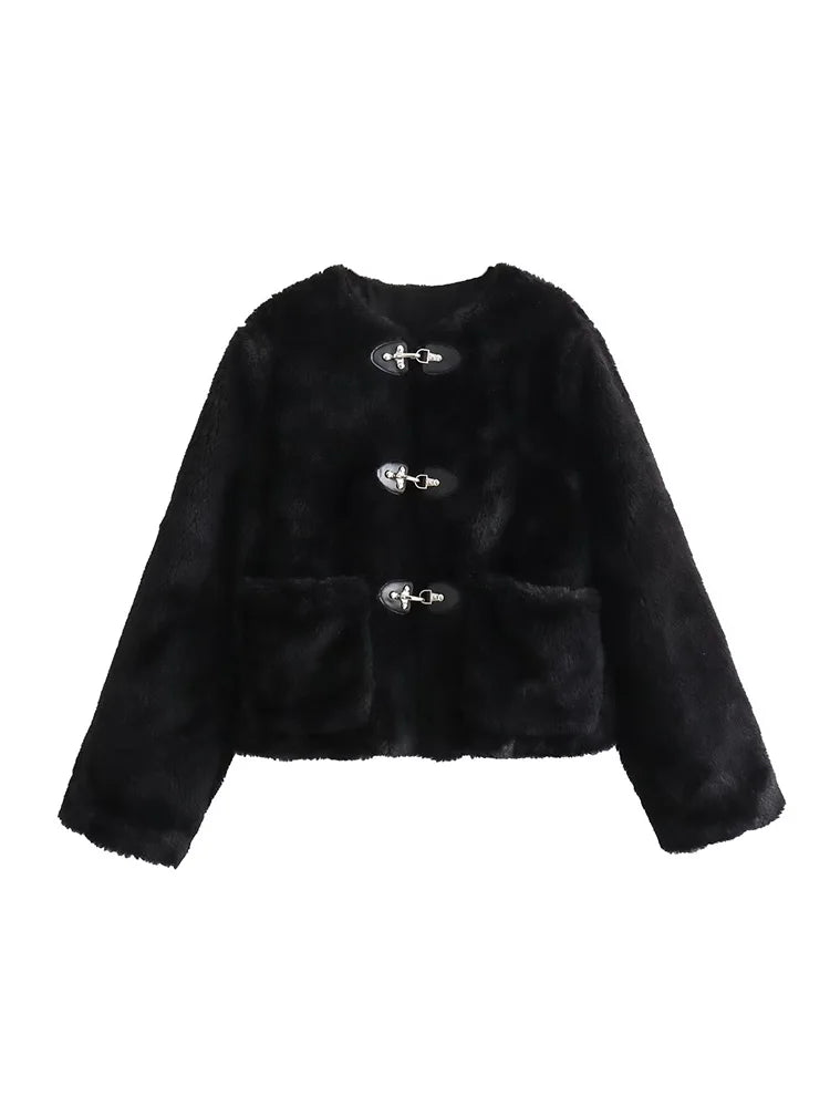 Black teddy button jacket with three front toggle closures and plush sherpa fleece