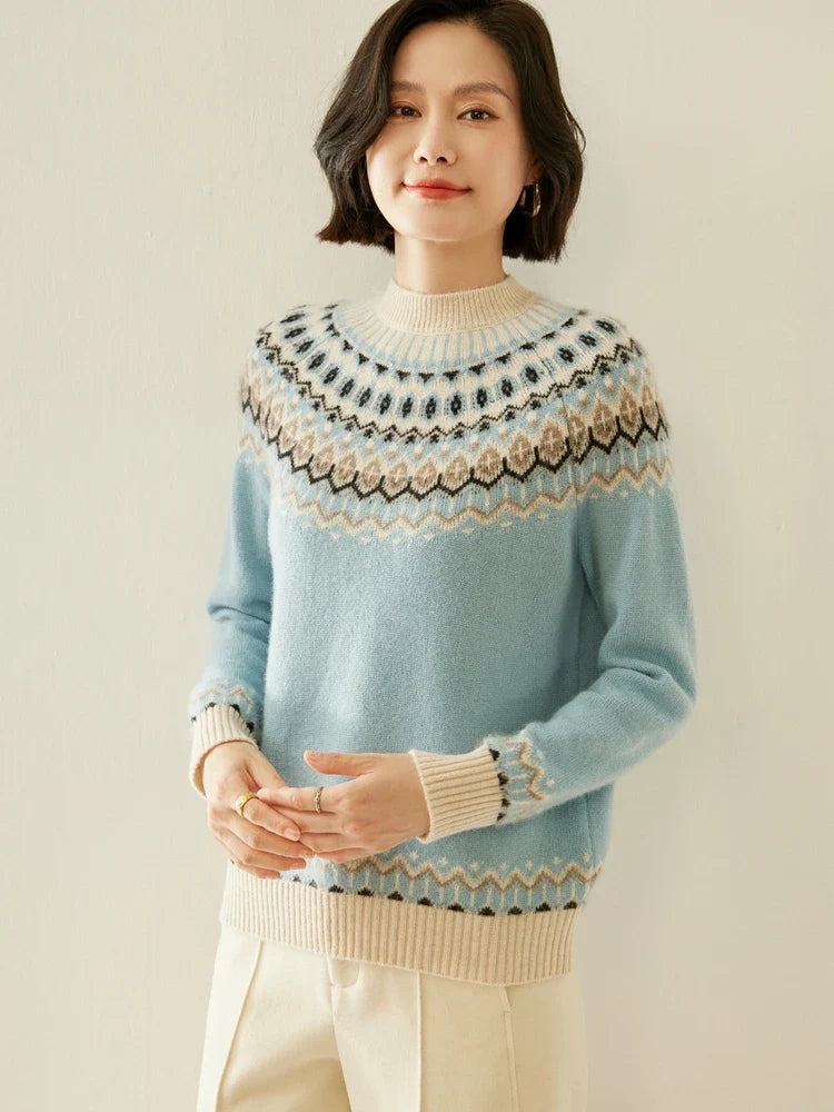 Light blue Fair Isle mock neck sweater with patterned yoke and ribbed cuffs; long sleeves.