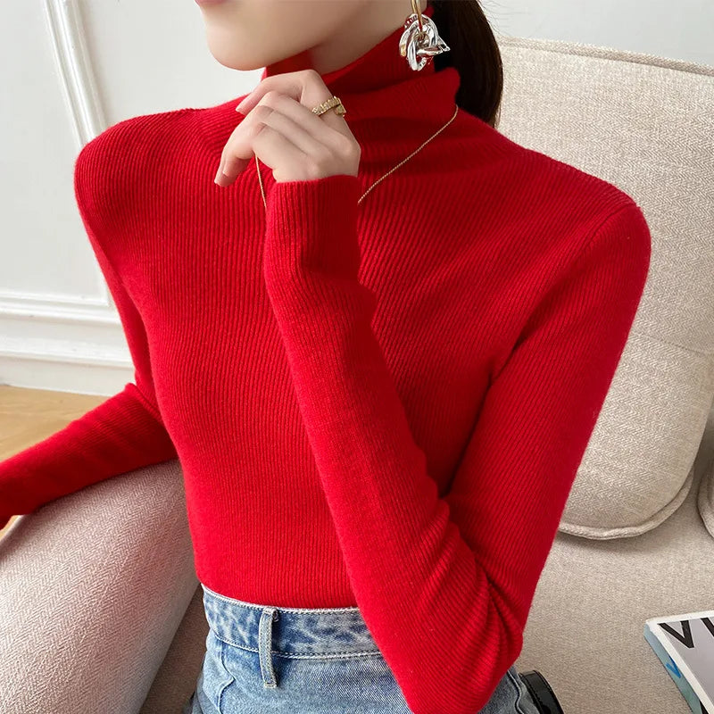 Red cashmere turtleneck sweater with ribbed knit and long sleeves
