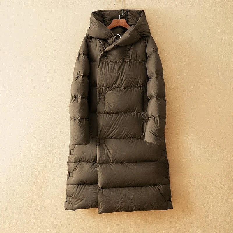 Olive-brown long down puffer parka with hood and horizontal quilted panels