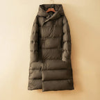 Olive-brown long down puffer parka with hood and horizontal quilted panels