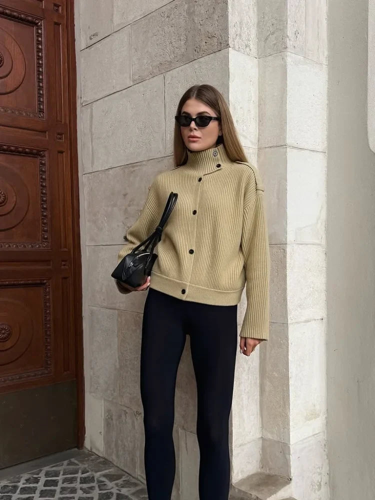Women's rib knit high-neck shirt jacket, button front, light yellow