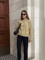 Women's rib knit high-neck shirt jacket, button front, light yellow