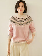 Pink mock neck fair isle knit sweater with patterned yoke and long sleeves