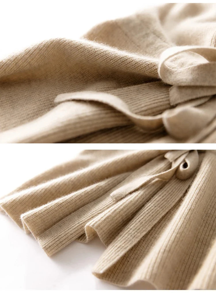 Women’s merino wool sweater vest fabric and tie detail, light beige knit