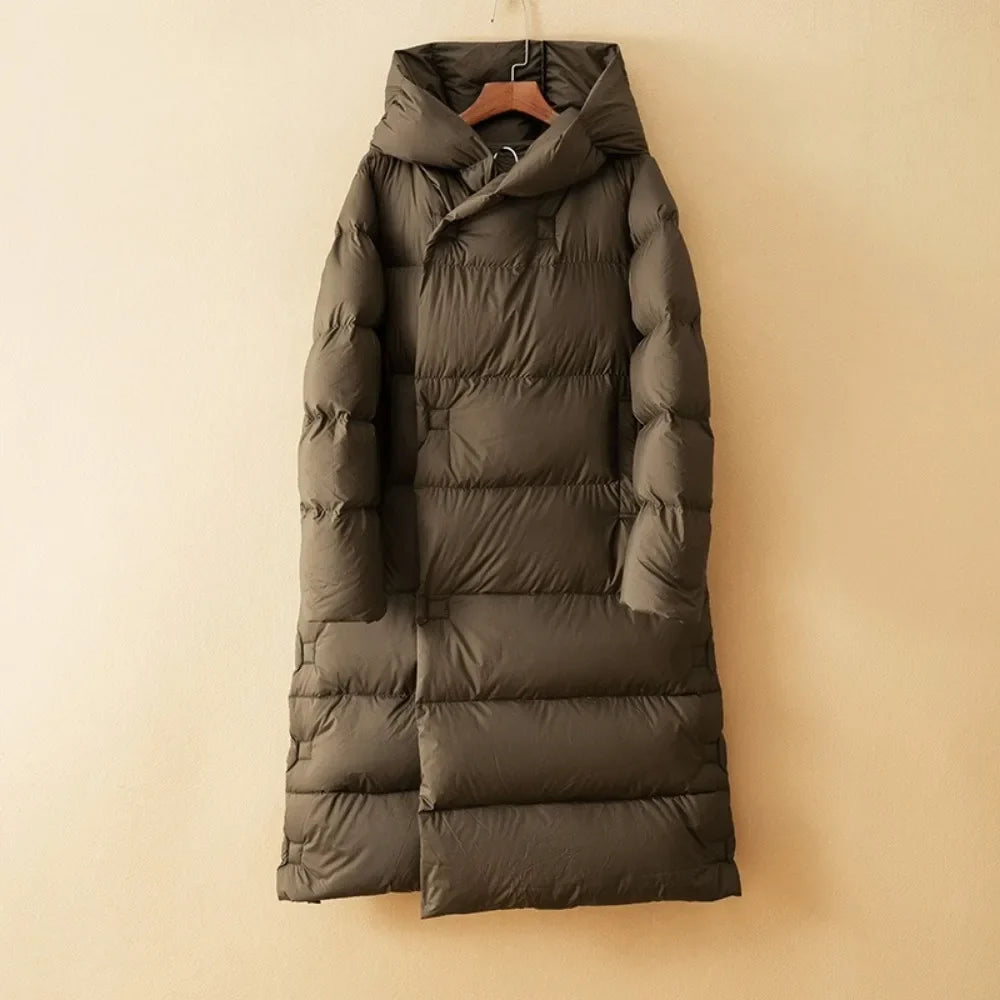 Olive long down puffer parka with hood, quilted channels, zip-front coat on hanger