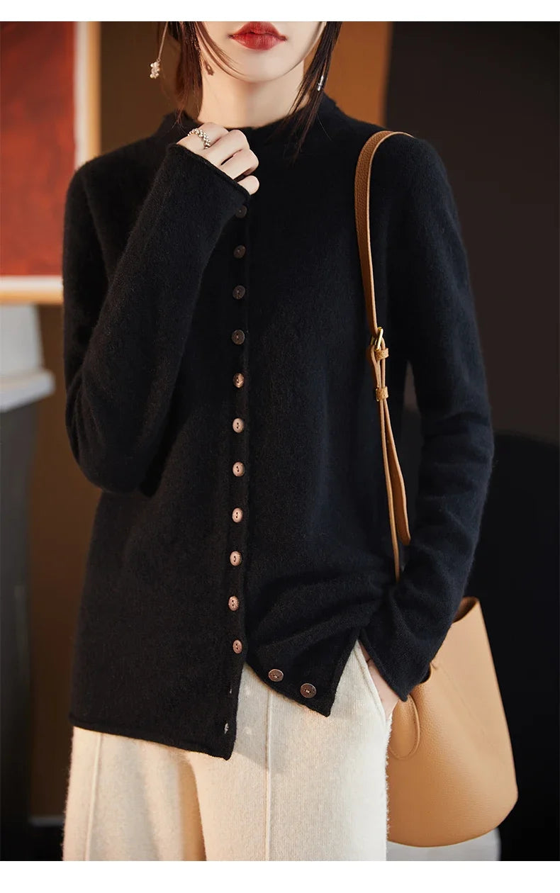 Women’s merino wool button cardigan, black, button front, long sleeves with cuffs