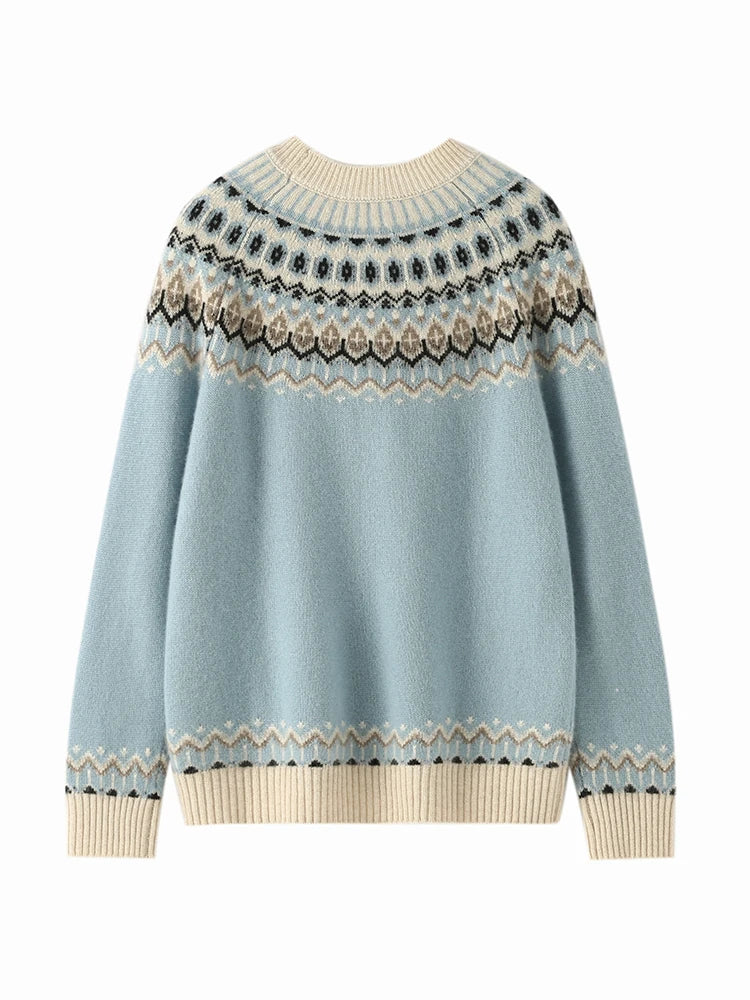 Women’s mock neck Fair Isle knit sweater, sky blue with cream and dark zigzag yoke