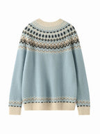 Women’s mock neck Fair Isle knit sweater, sky blue with cream and dark zigzag yoke