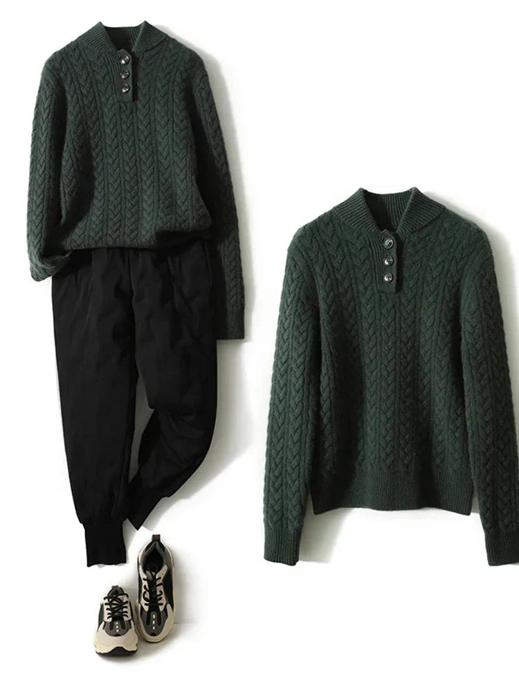 Dark green button-up cashmere sweater with cable knit texture and button placket