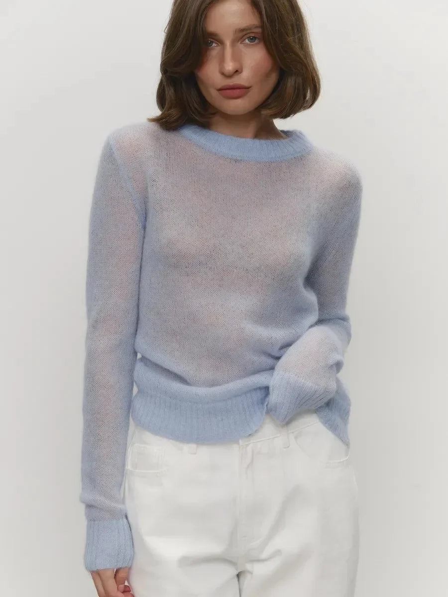 Lightweight crewneck knit sweater in light blue, long sleeves with ribbed trim