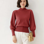Maroon merino turtleneck sweater with balloon puff sleeves and ribbed trim
