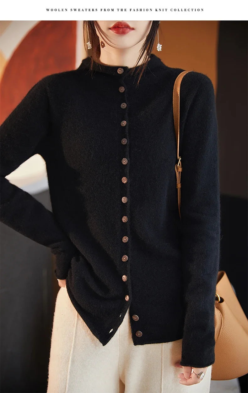Women’s merino wool button cardigan, black, front button placket, round neckline