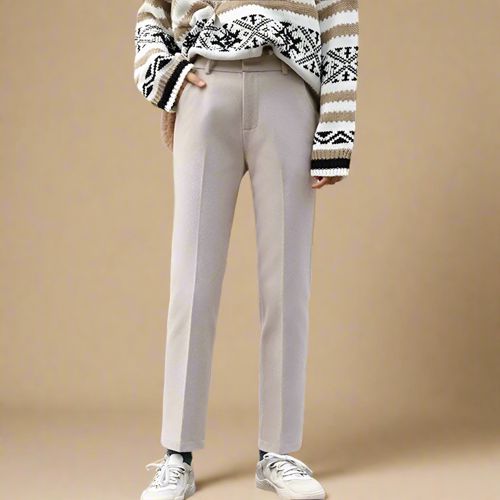 High-waisted ivory wool-blend trousers with belt loops, front pleat, and ankle-length straight legs
