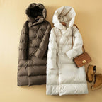 Long hooded down puffer parka in brown and white, quilted with front zipper
