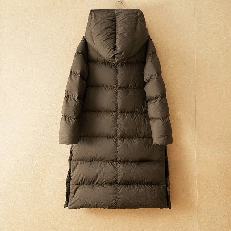 Dark olive long down puffer parka with hood and thick quilted baffle sections