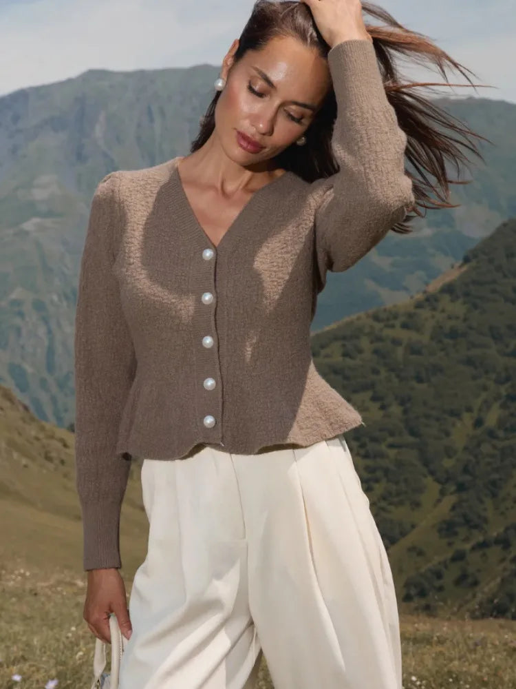 Women’s cropped V-neck cardigan, textured knit, pearl-button front, long sleeves, brown