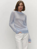 Lightweight crewneck knit sweater in light blue with ribbed hem and cuffs