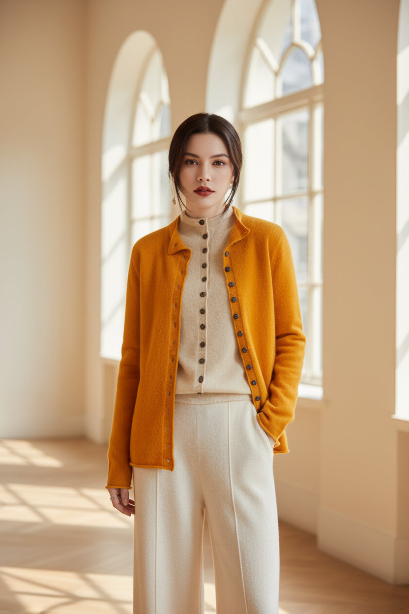 Women’s merino wool button cardigan, orange with button front and long sleeves