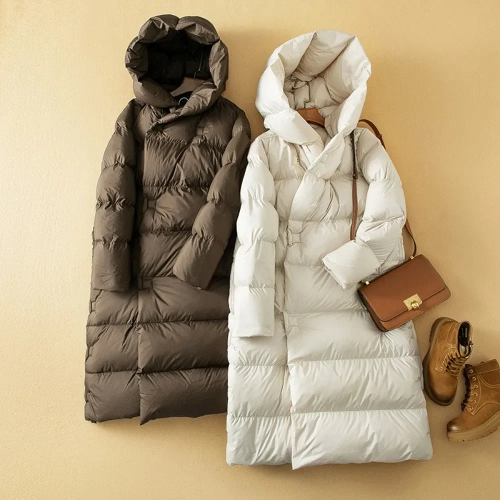 Hooded down puffer parka set, brown and white, quilted coats with zip fronts