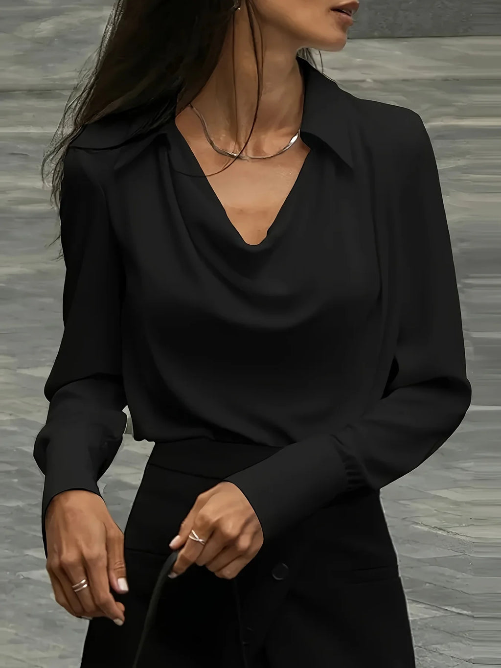 100% silk full-sleeve shirt in black with draped cowl V neckline and long sleeves