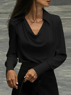 100% silk full-sleeve shirt in black with draped cowl V neckline and long sleeves